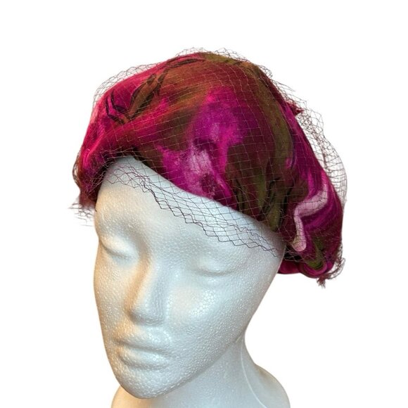 Vintage 1960\'s Union Made USA Velvet Cocktail Pillbox Hat Veil Magenta Green main image 9